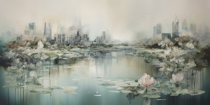 AI Generated. AI Generative. Lake water field wild flowers with urban city on background. Oil water color paint draw canvas nature outdoor landscape. Graphic Art