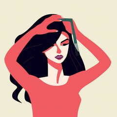 Stylish Woman Putting on Wig, minimal lined illustration