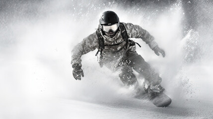 Snowboarder in the snow. Black and white photography. Generative AI