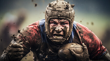 Portrait of a rugby player's face covered in mud. Generative AI