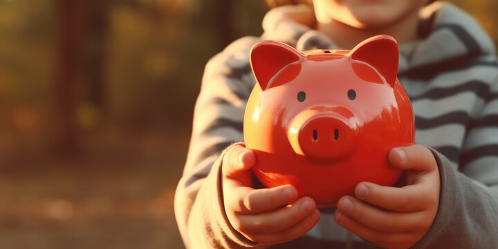 Kid holding red piggy bank and children allowances. Money savings concept, generative ai