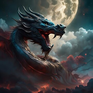 "A fire beautiful Chinese dragons in the sky above clouds