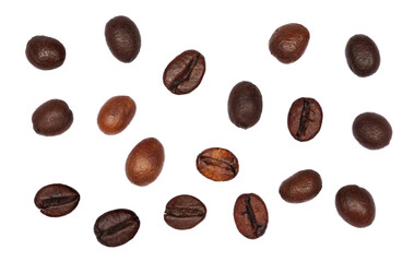 Coffee beans, set and collection isolated on white, top view, clipping
