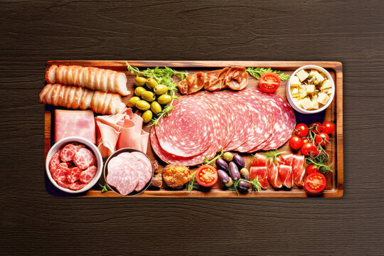 Meat plate . Assortment of delicious deli meats with vegetables and olives on wooden board on wooden background. Healthy food. Snacks for wine. Flat lay