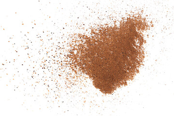 Fototapeta na wymiar Pile ground, milled nutmeg powder isolated on white, top view 