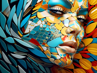 Portrait of a woman in colorful makeup and carnival mask. Lady with mosaic make up artistically placed.  