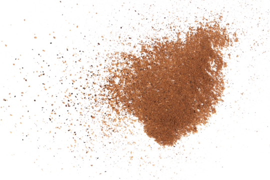 Pile ground, milled nutmeg powder isolated on white, top view 