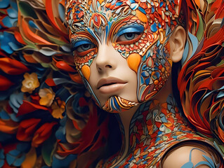 Portrait of a woman in colorful carnival mask and makeup. Lady with bright, colorful make up and jewels. 