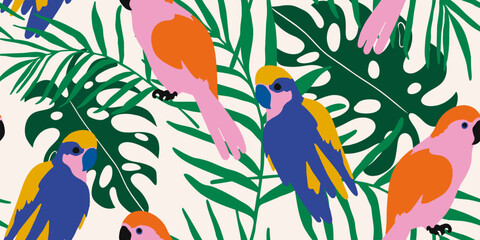Exotic abstract tropical pattern with parrots. Colorful botanical abstract contemporary seamless pattern. Hand drawn unique print.
