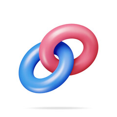 3D Rings Connected in Chain Isolated. Render Linked Circle Symbol. Linked Torus Sign. Realistic Rings Connected Into Fragment of Chain. Sketch for creativity. Cartoon Vector Illustration