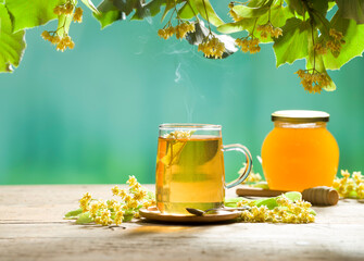 A glass of linden tea. Garden table under linden flowers and linden honey on top. Healthy herbal...