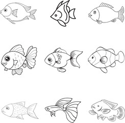set of fish vector elements, fish, sea, animal, vector, fishing, illustration, water, ocean, cartoon, icon, shark, underwater, nature, silhouette, set, tuna, fin, aquatic, marine, food, swimming, sea