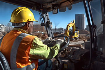 A construction worker operating heavy machinery - obrazy, fototapety, plakaty