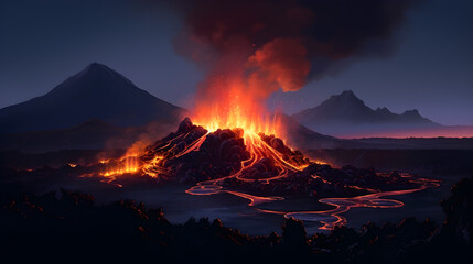 Volcanic landscape lava ash fountain twilight glow