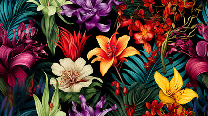 seamless pattern red and yellow tropical flowers