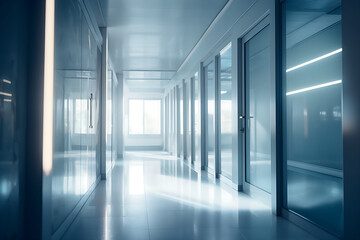 Empty corridor with glass doors, hospital, office, laboratory.
