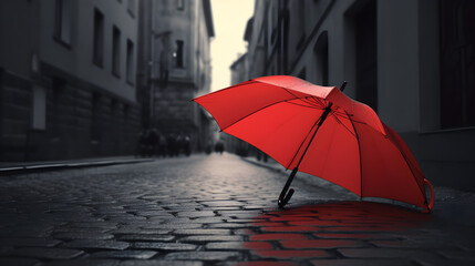 Red umbrella on the street on a rainy day