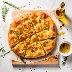 Italian Focaccia Bread with garic Fresh baked focaccia with olives, garlic and herbs, top view.