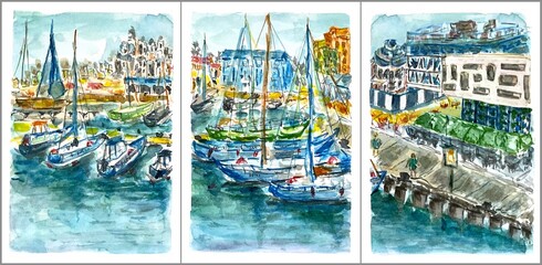 Seafront with yachts, watercolor illustration