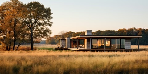 Obraz premium AI Generated. AI Generative. Nature outdoor lonely minimal wooden house in yellow autumn farming field. Adventure vacation countryside background relaxing time view travel