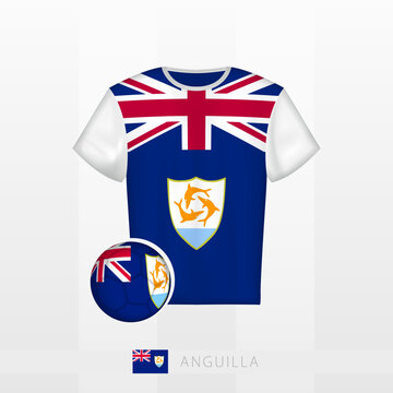 Football uniform of national team of Anguilla with football ball with flag of Anguilla. Soccer jersey and soccerball with flag.