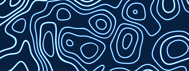 Abstract neon background of topographic map concept. Magic neon light curved swirl lines. Modern landscape gradient lines Wavy backdrop. Geographic outlines. Elevation maps.  Vector cartography