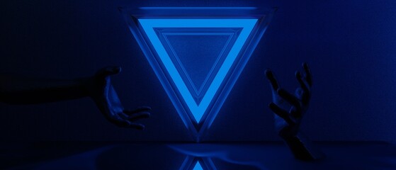 3d illustration rendering of technology futuristic cyberpunk display, gaming scifi stage pedestal background, gamer banner sign of neon glow stand podium for product sale © issaronow