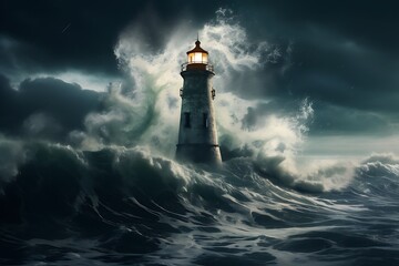 A captivating shot of a solitary lighthouse standing tall against crashing waves, a guiding beacon in a sea of uncertainty. - obrazy, fototapety, plakaty