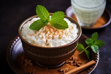 Obraz na płótnie Canvas Arroz con Leche, featuring a dollop of whipped cream, a sprinkle of cinnamon and a mint leaf garnish