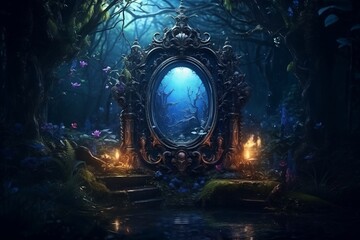 Enigmatic Enchanted Forest. A Magical Mirror. AI - obrazy, fototapety, plakaty