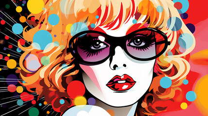 Glamorous disco diva portrait Pop art retro vector illustration. beautiful sexy young woman,  Created using generative AI tools