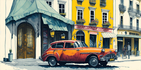 Obraz premium Watercolor paint of car on the stereet. AI generated illustration