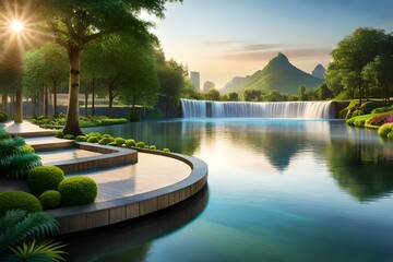 Fototapeta premium S sprawling park with an artificial lake and waterfall - AI Generative