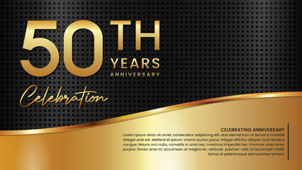 50th anniversary template design in gold color isolated on a black and gold texture background, vector template