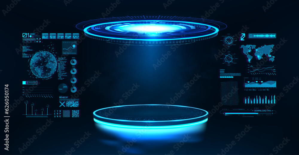 Aufkleber Futuristic 3D podium with hologram and HUD interface. Sci-fi empty pedestal with HUD  interface in cyberpunk style for UI, games, GUI and product presentation. 3D podium with cyberspace. Vector mockup