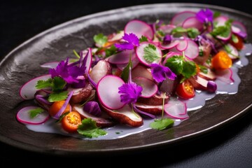 Ceviche de Pulpo, showcasing the octopus' purple hue contrasting against the vibrant lime juice with ambient lighting