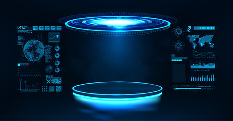 Futuristic 3D podium with hologram and HUD interface. Sci-fi empty pedestal with HUD  interface in cyberpunk style for UI, games, GUI and product presentation. 3D podium with cyberspace. Vector mockup - obrazy, fototapety, plakaty