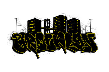 Urban graffiti art - Brooklyn NYC, Urban culture art with houses, lanterns, brooklyn bridge, grunge spray texture with splashes 3D graffiti lettering. Hip hop print for t-shirt, streetwear. Vector 