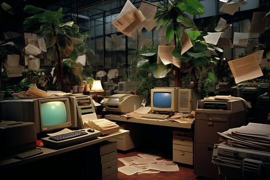 Vintage 90s Office Papers, Computers, And Nostalgia. AI