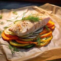 Fish in Parchment Paper, with close-up details of the juicy fish fillet, nested in seasoned vegetables