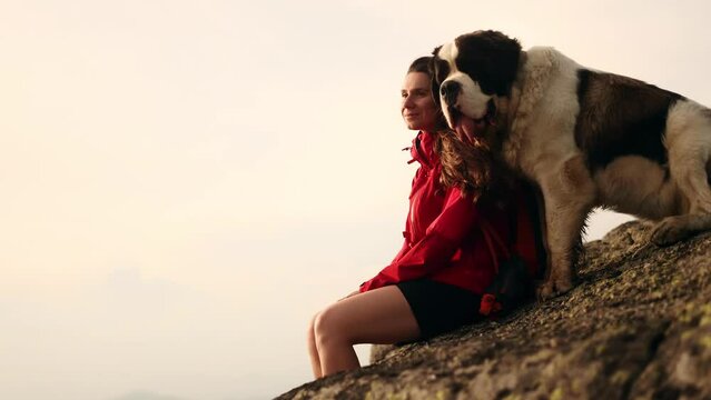 Cute shot of pretty woman with a dog saint bernard sitting on the peak and enjoying beautiful mountains view and cloudy sky together Animals and human friendship. High quality 4k footage
