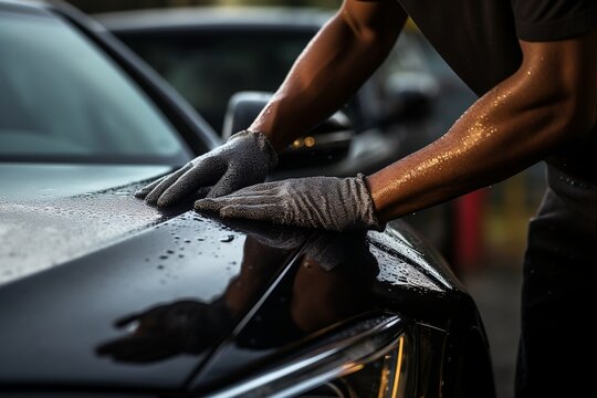 Hand Cleaning a Black Car with Microfiber Cloth. AI