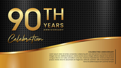 90th anniversary template design in gold color isolated on a black and gold texture background, vector template