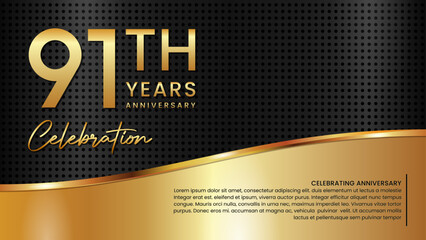 91th anniversary template design in gold color isolated on a black and gold texture background, vector template