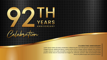 92th anniversary template design in gold color isolated on a black and gold texture background, vector template