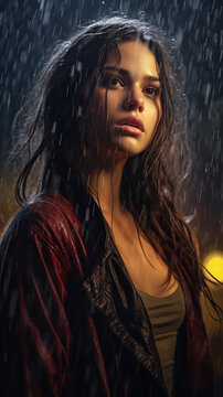 Close up portrait of a sad abandoned young woman under rain in night, raindrops and streams of water are illuminated