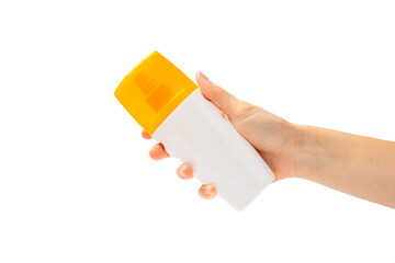 Sunscreen in hands isolated on white background. SPF cream and sea shells, beach umbrella. Sun protection. UV protection. Summer. The concept of rest and vacation. Summer mood. Design. MOCKUP