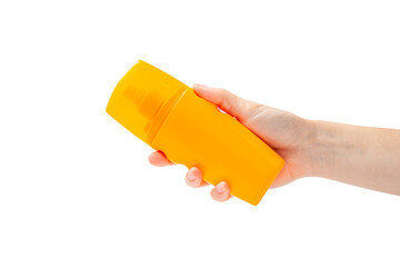 Sunscreen in hands isolated on white background. SPF cream and sea shells, beach umbrella. Sun protection. UV protection. Summer. The concept of rest and vacation. Summer mood. Design. MOCKUP