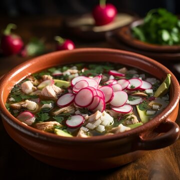 Pozole Verde Featuring Succulent Chicken Pieces, Hominy, Floating In A Spicy Green Chili Broth, Garnished With Avocado, Radishes, Jalapenos Served In A Rustic Terracotta Bowl