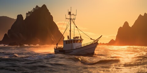 Fototapeta premium AI Generated. AI Generative. Nautical marine navy seascape sea ocean landscape fishing crab boat ship. Adventure travel explore sail catching shipping. Graphic Art